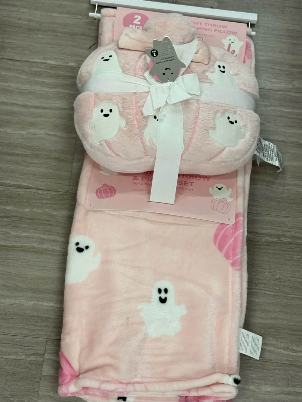 Plush Pink Ghost Throw Blanket and Pillow Set